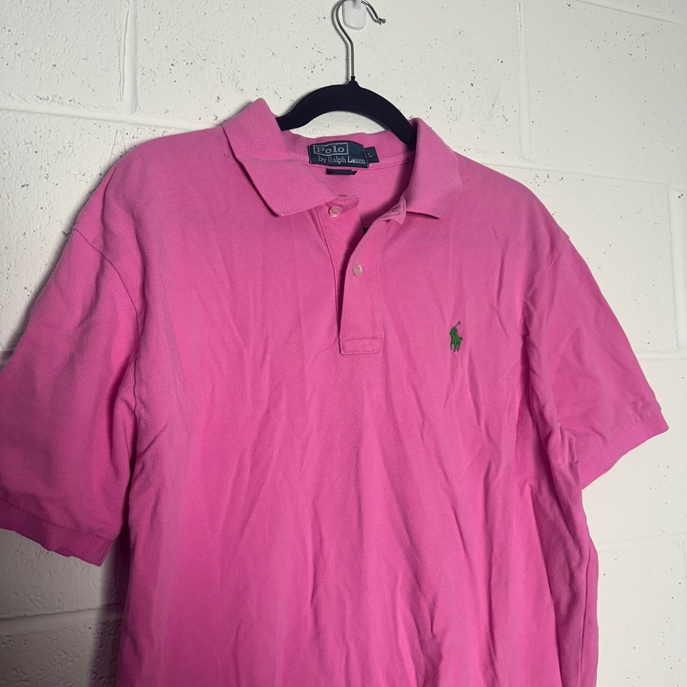 Polo Ralph Lauren Men Large Pink Short Sleeve Pique Cotton Polo Shirt Green Pony